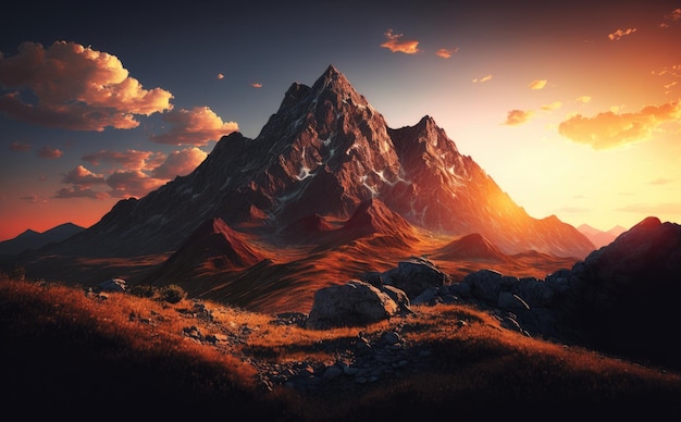 Sunset in the mountains wallpapers mountain landscape background mountain peak ai generated