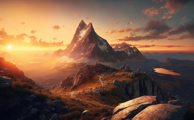 Sunset in the mountains wallpapers mountain landscape background mountain peak ai generated