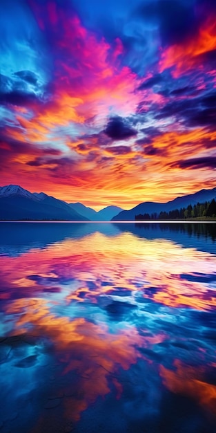 Photo sunset in the mountains with bright colors of heaven and reflection in the lake