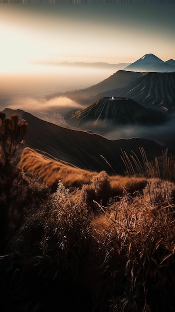 A sunset over the mountains with a mountain in the background