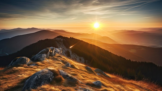 Sunset over the mountains with a mountain in the background