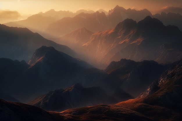 A sunset over the mountains with a mountain range in the background.