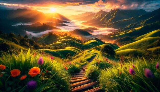 Photo a sunset in the mountains with a path through the grass