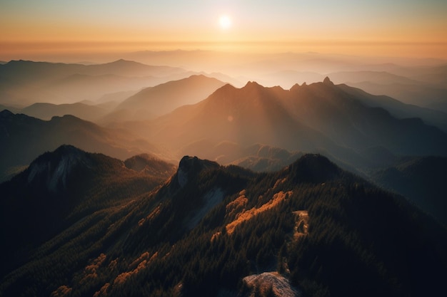 A sunset over the mountains with the sun shining on the horizon.