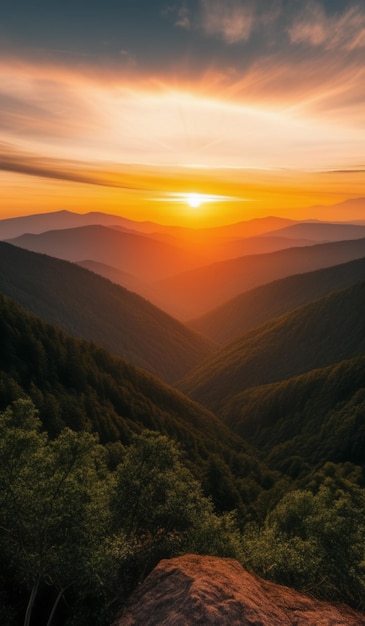 sunset over the mountains with a sunset in the background