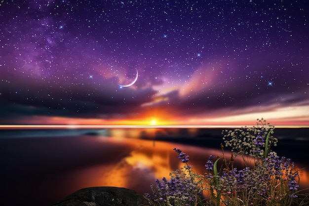 sunset at  night at sea starry sky and moon on dramatic clouds sea water wave and stones horizon