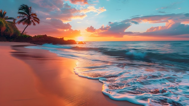 a sunset over the ocean with a beach scene and the ocean