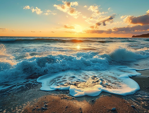 a sunset over the ocean with a beach scene and the sun setting