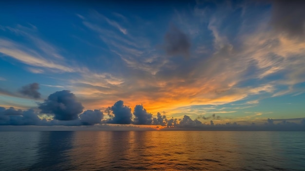 A sunset over the ocean with a blue sky and clouds