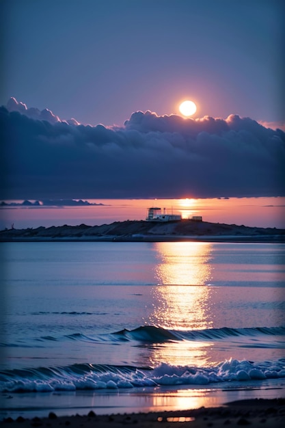 A sunset over the ocean with a blue sky and the moon in the background