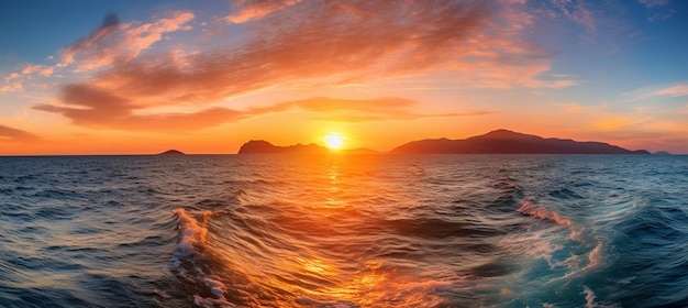 A sunset over the ocean with a boat in the foreground