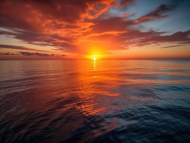 A sunset over the ocean with a bright orange and blue sky.