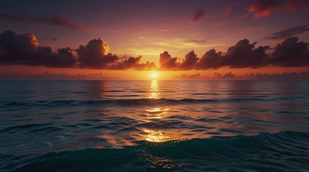 a sunset over the ocean with clouds and the sun reflecting off the water