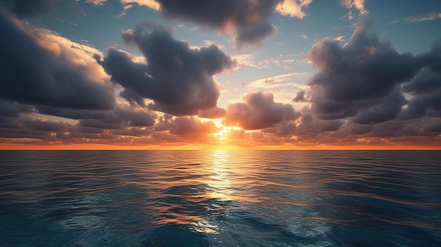 A sunset over the ocean with clouds and the sun shining through the clouds.