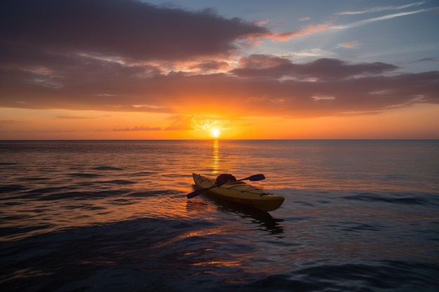 Sunset over the ocean with a kayak in the foreground created with generative ai