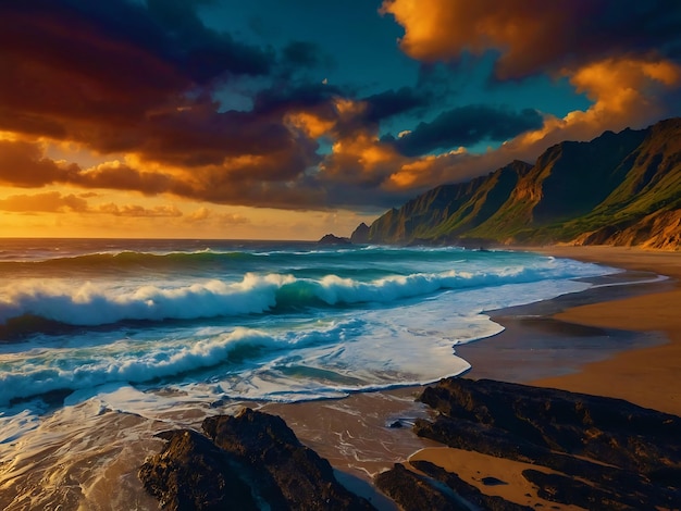 Photo a sunset over the ocean with a mountain in the background