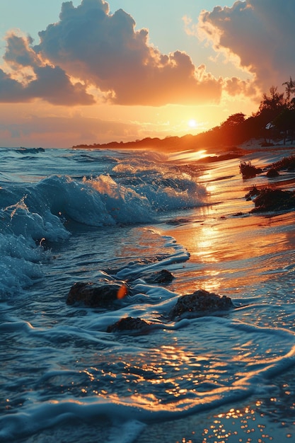 a sunset over the ocean with a mountain in the background