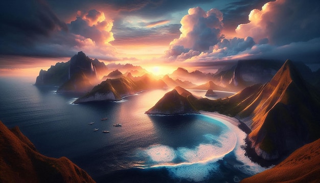 a sunset over the ocean with mountains and clouds