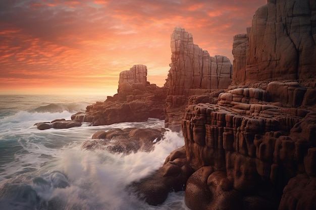 Photo a sunset over the ocean with the ocean and rocks in the background