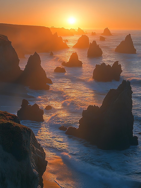 Photo a sunset over the ocean with the ocean and rocks in the background