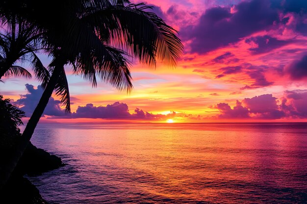 Photo a sunset over the ocean with a palm tree and a pink sunset