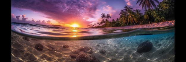 A sunset over the ocean with palm trees in the background