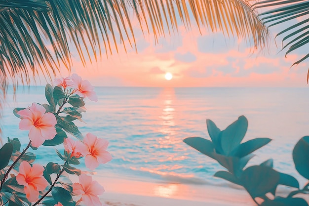 Photo a sunset over the ocean with pink flowers and palm trees