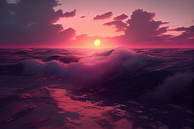 A sunset over the ocean with a pink sky and the sun