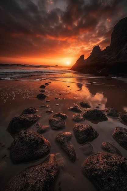 A sunset over the ocean with a red sky and the sun setting behind it.