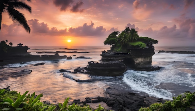 a sunset over the ocean with a rock formation and palm trees