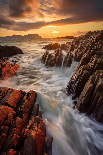 A sunset over the ocean with the rocks in the foreground and the sky is orange.