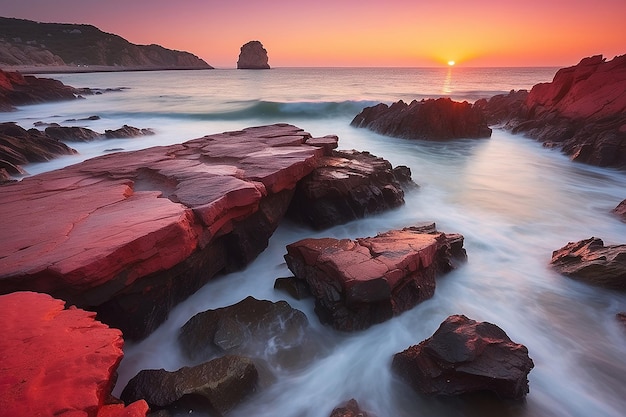 Photo a sunset over the ocean with rocks and the sun setting behind them