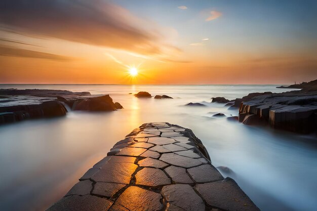 a sunset over the ocean with rocks and sunset