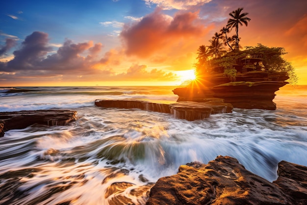 a sunset over the ocean with a small island in the background