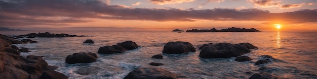 A sunset over the ocean with small waves and rocks in the water Seascape illustration with cloudy sky and setting sun Generative AI