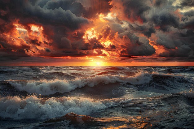 Photo a sunset over the ocean with the sun setting behind the clouds