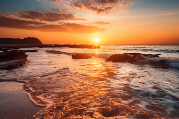 A sunset over the ocean with the sun setting over the horizon