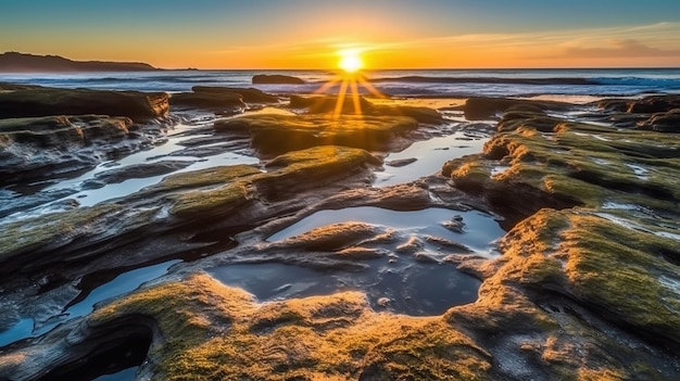 A sunset over the ocean with the sun setting behind it