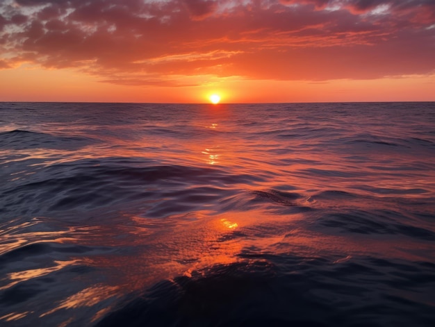 A sunset over the ocean with the sun setting behind it