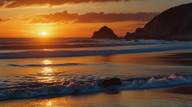 Photo a sunset over the ocean with the sun setting behind the rocks