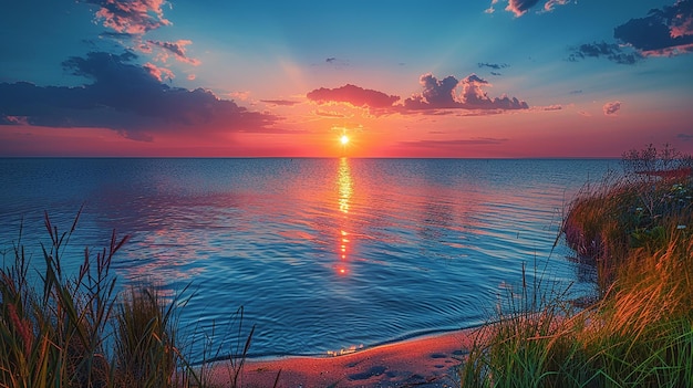 a sunset over the ocean with the sun setting behind the water