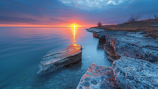 a sunset over the ocean with the sun setting behind the water