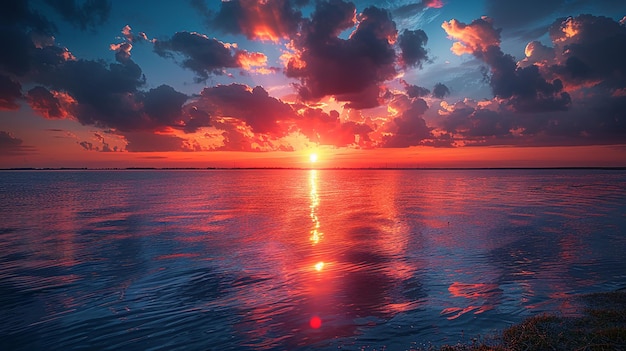 a sunset over the ocean with the sun setting behind the water