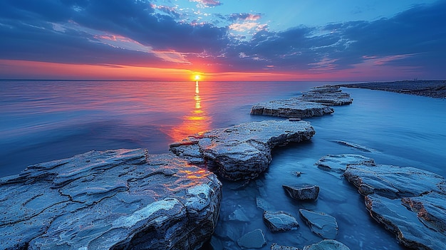 a sunset over the ocean with the sun setting behind the water