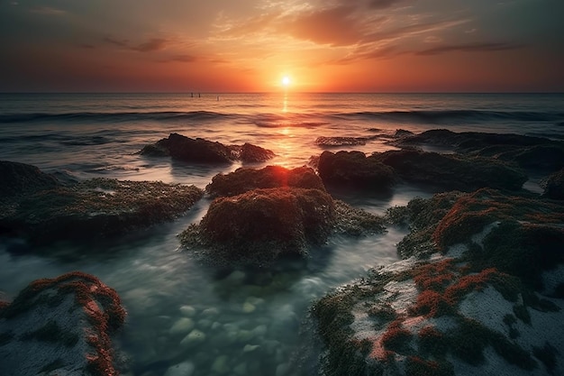 A sunset over the ocean with the sun setting over the water