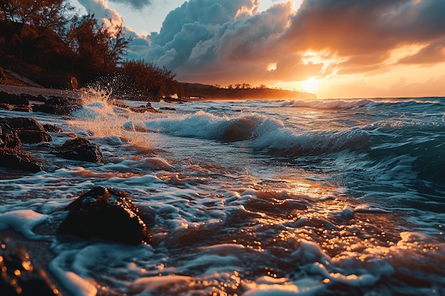 Photo a sunset over the ocean with a sunset on the horizon