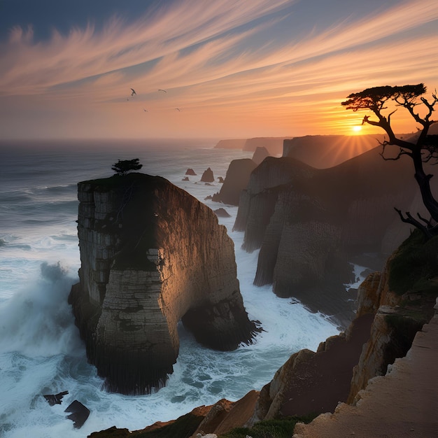 Photo a sunset over the ocean with a tree and a cliff in the background