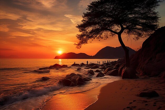 a sunset over the ocean with a tree and mountains in the background