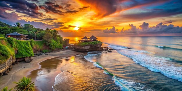 Photo a sunset over the ocean with a tropical island in the background