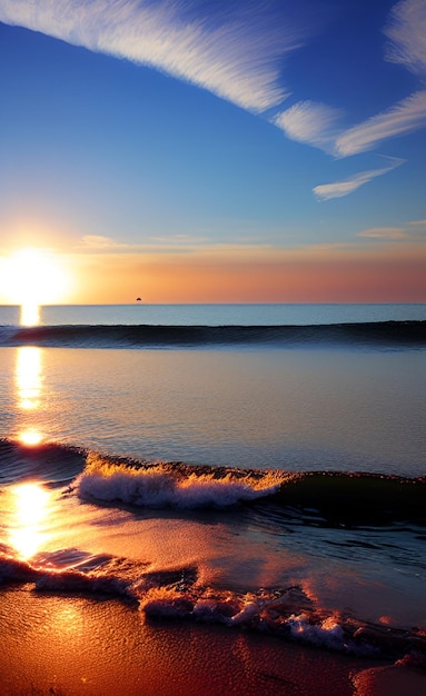 A sunset over the ocean with a wave breaking in the foreground